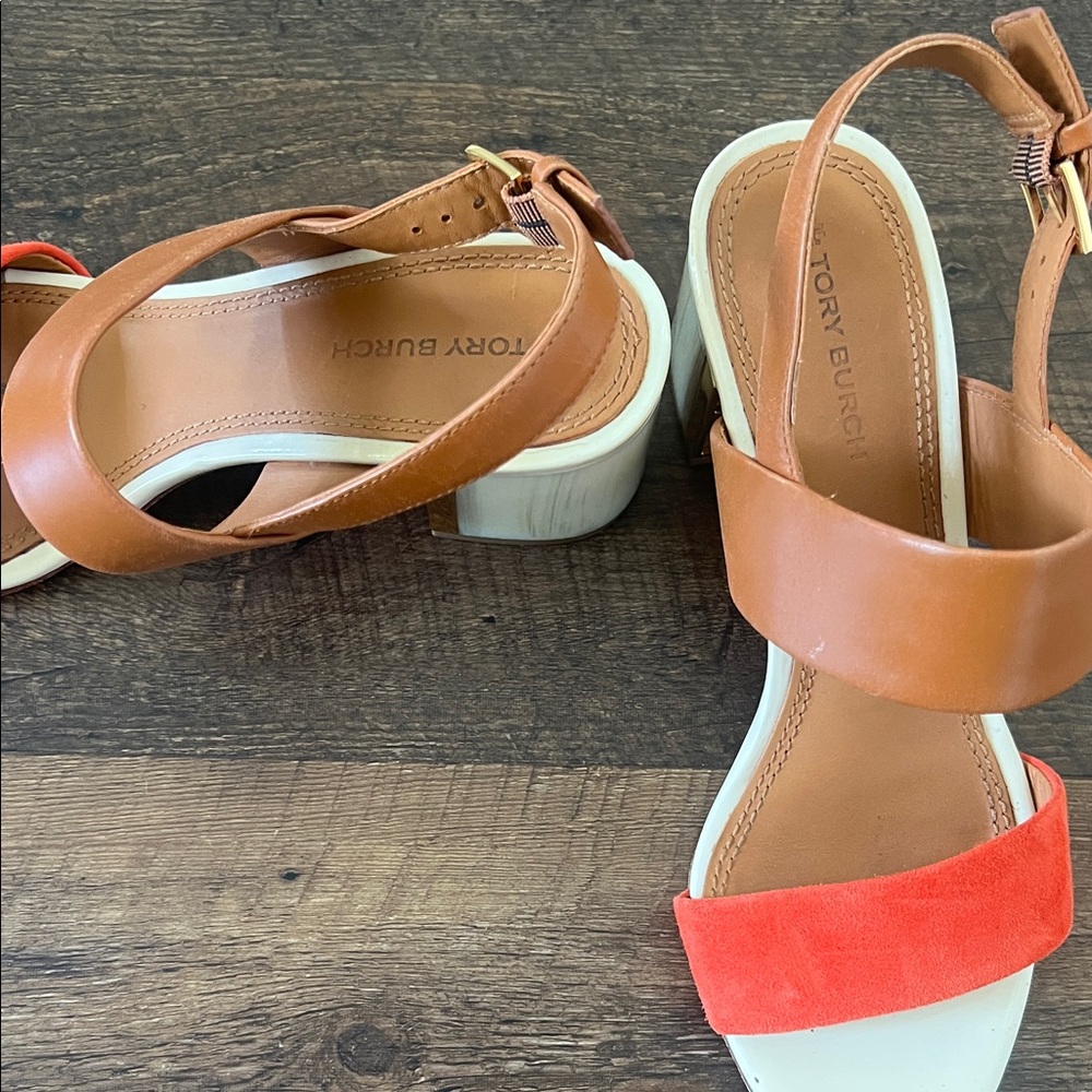 Tory Burch Tan Leather & Coral Suede Block Heel Sandals - Picture 3 of 6